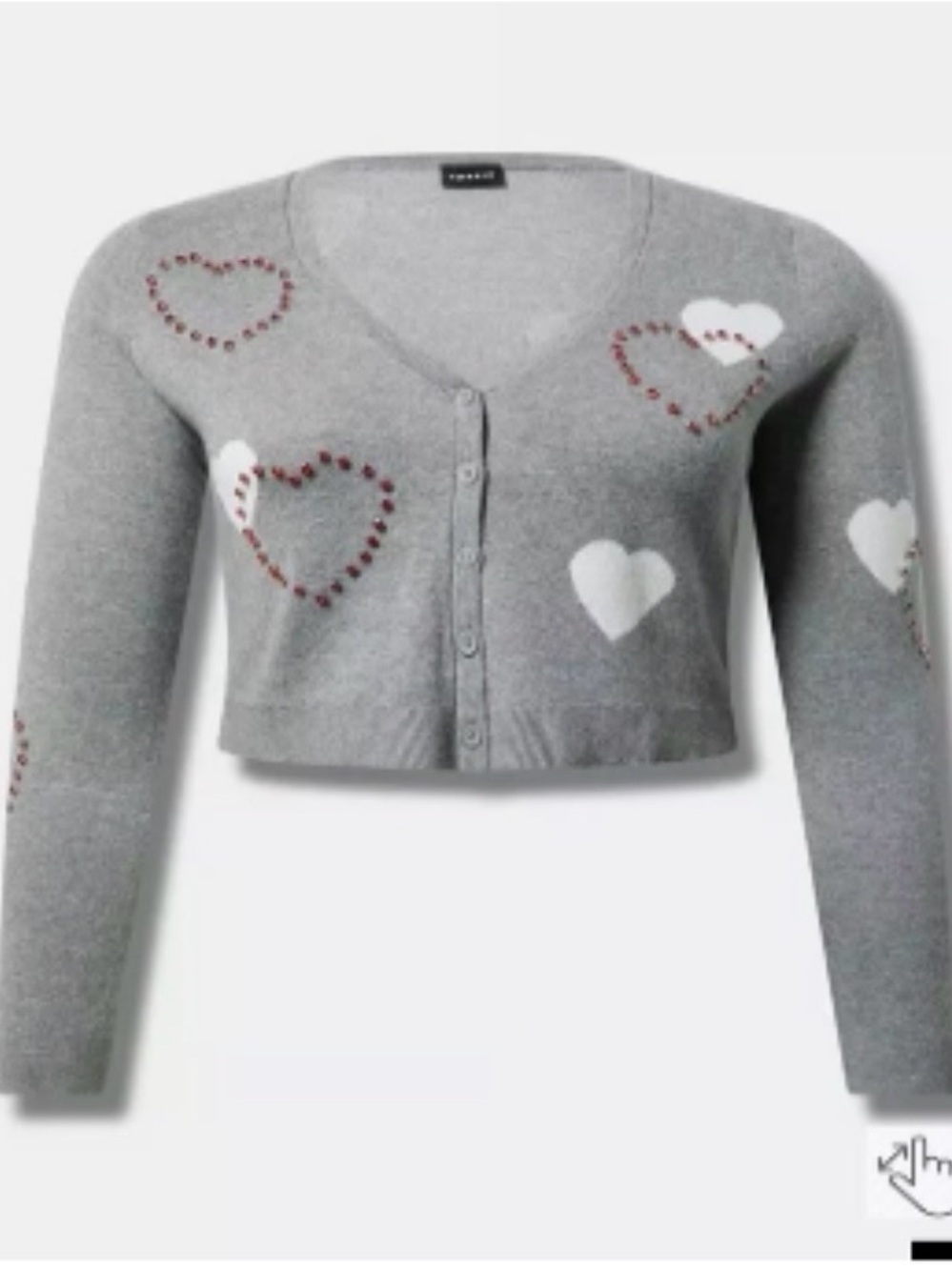 torrid Gray Cropped Heart-Print Cardigan with Red Stud Accents